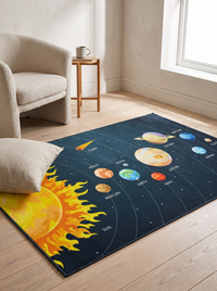 Orbit Solar System Rug in a bright reading nook with a boucle armchair, oak side table and linen floor cushion