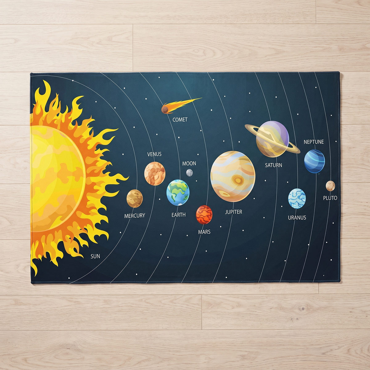 Overhead view of the Orbit Solar System Rug on pale oak flooring, showing the complete rectangular design and orbit arcs