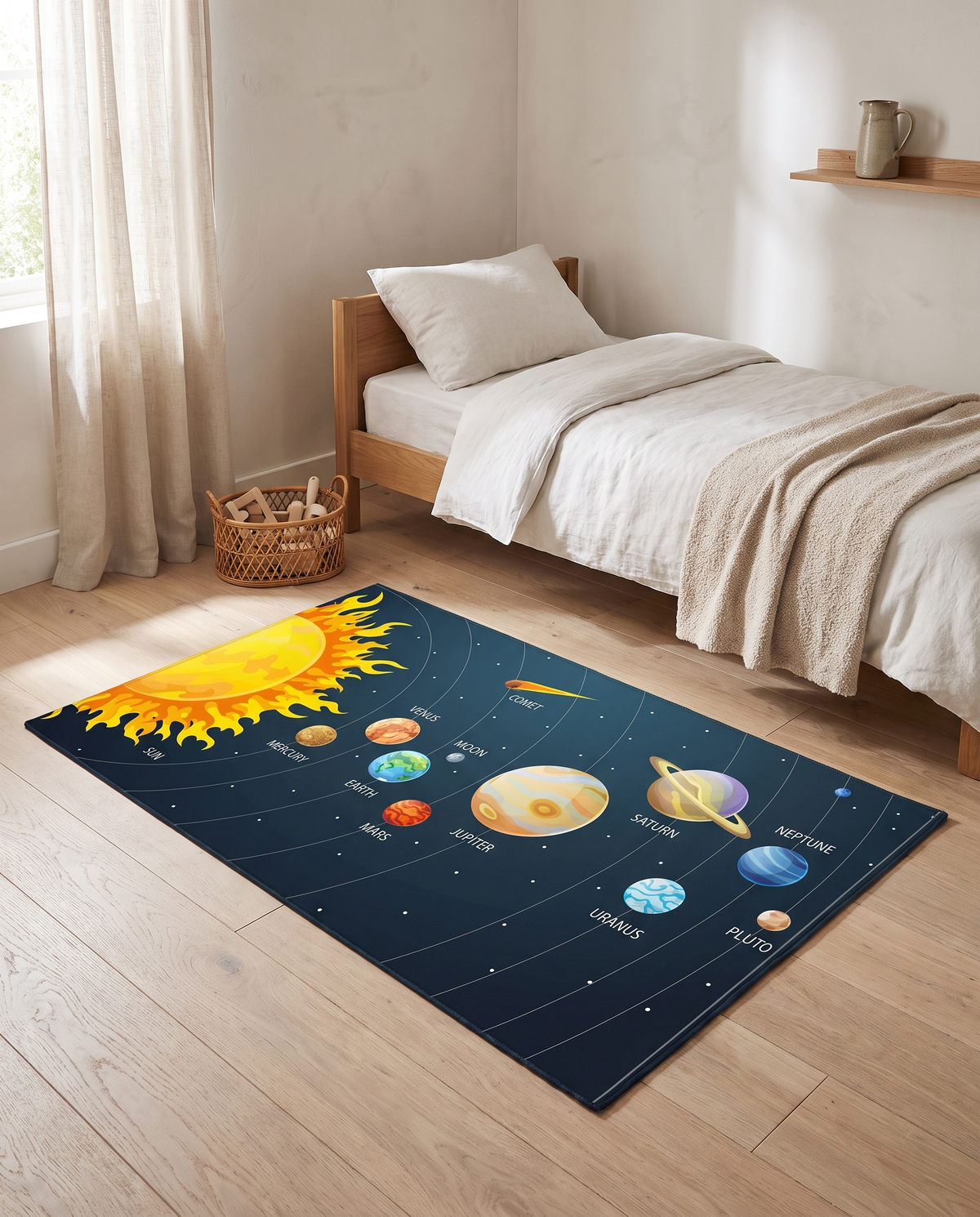 Orbit Solar System Rug at the foot of an oak single bed in a calm child's bedroom with linen bedding and a boucle throw