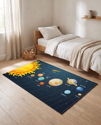 Orbit Solar System Rug at the foot of an oak single bed in a calm child's bedroom with linen bedding and a boucle throw