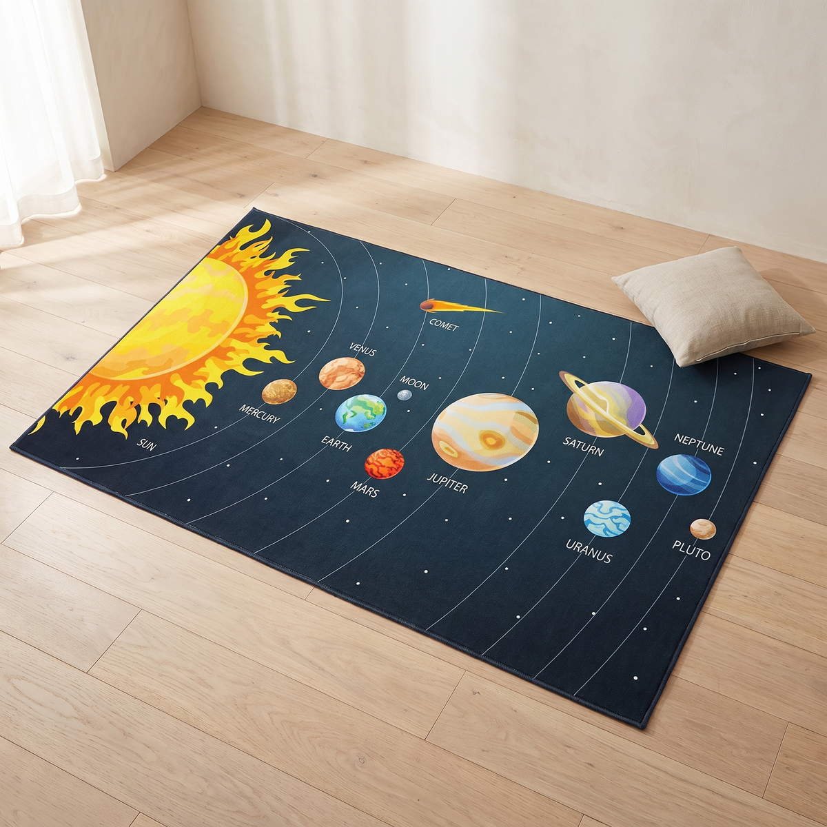Orbit Solar System Rug laid flat on pale oak floorboards, showing the full midnight-teal design with the golden sun and ten labelled planets