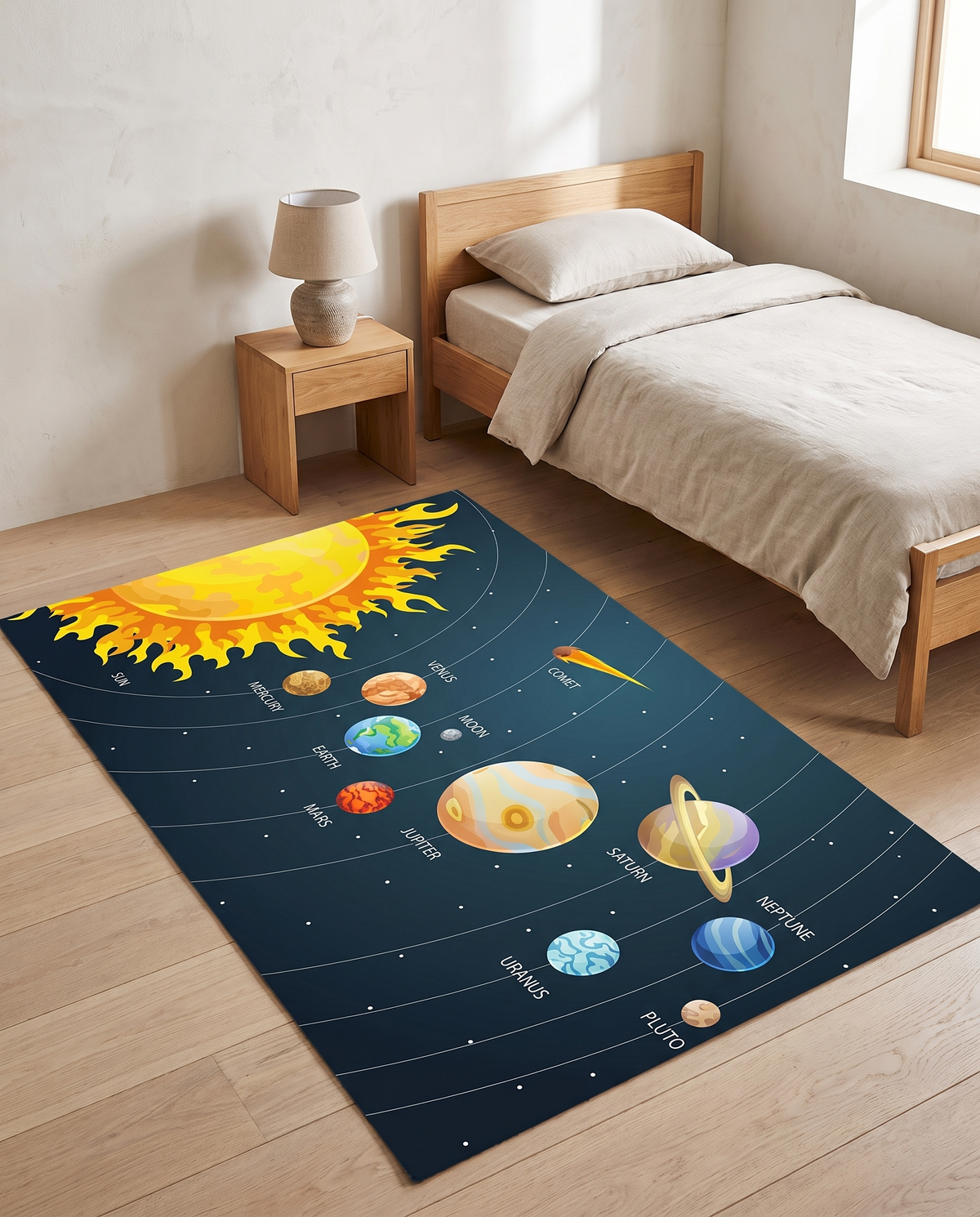 Orbit Solar System Rug shown next to a standard single bed and bedside table, giving a sense of its 80 x 120 cm size
