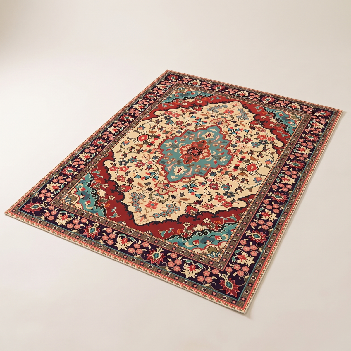 Sora Bohemian Velvet Rug laid flat on a pale studio floor, cream-ivory field with a teal centre medallion and deep navy floral border