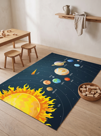 Orbit Solar System Rug in a playroom corner beside a low oak play table, stools and a basket of wooden blocks