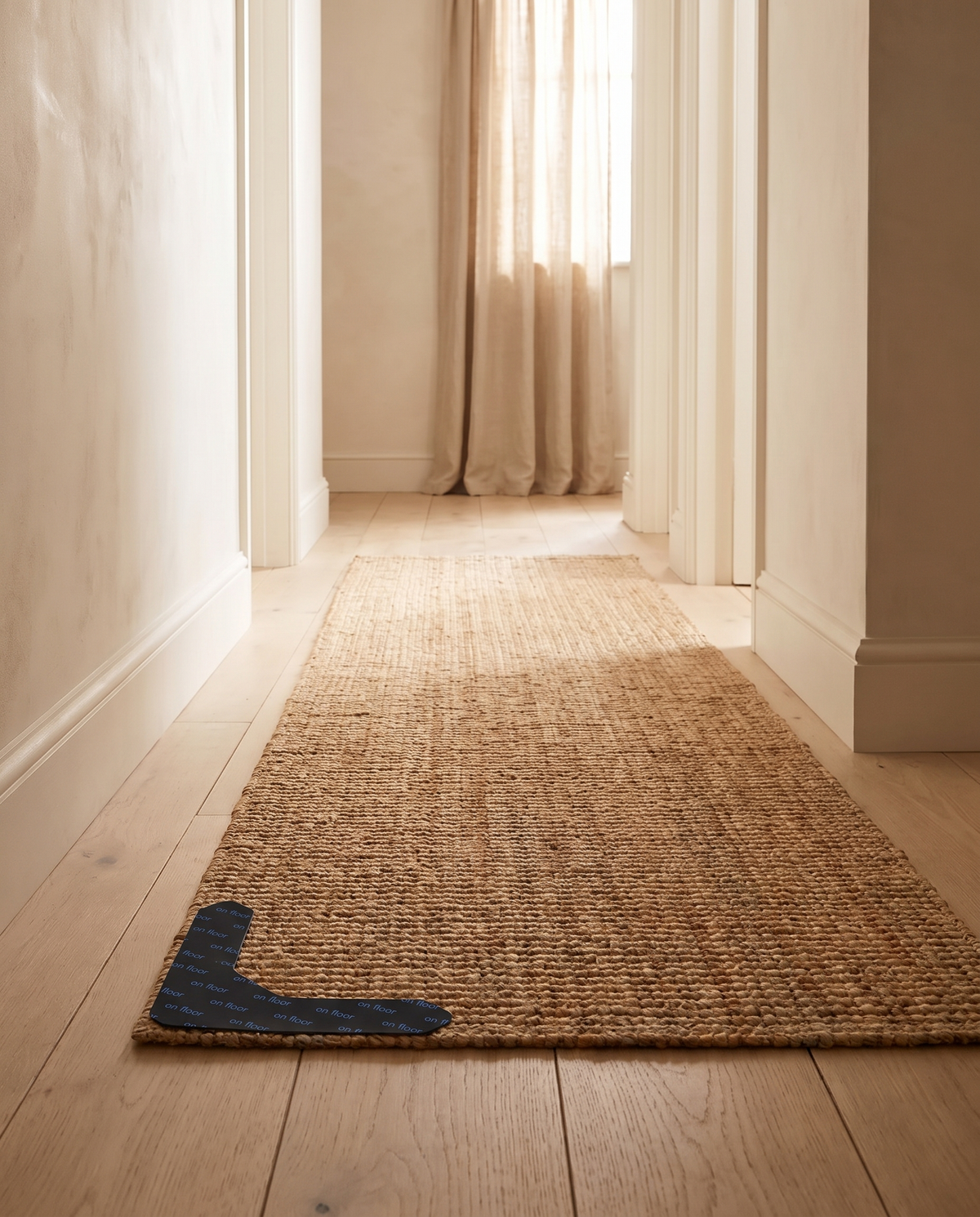 Jute runner held flat in a hallway with a Gripo rug gripper fitted at the corner