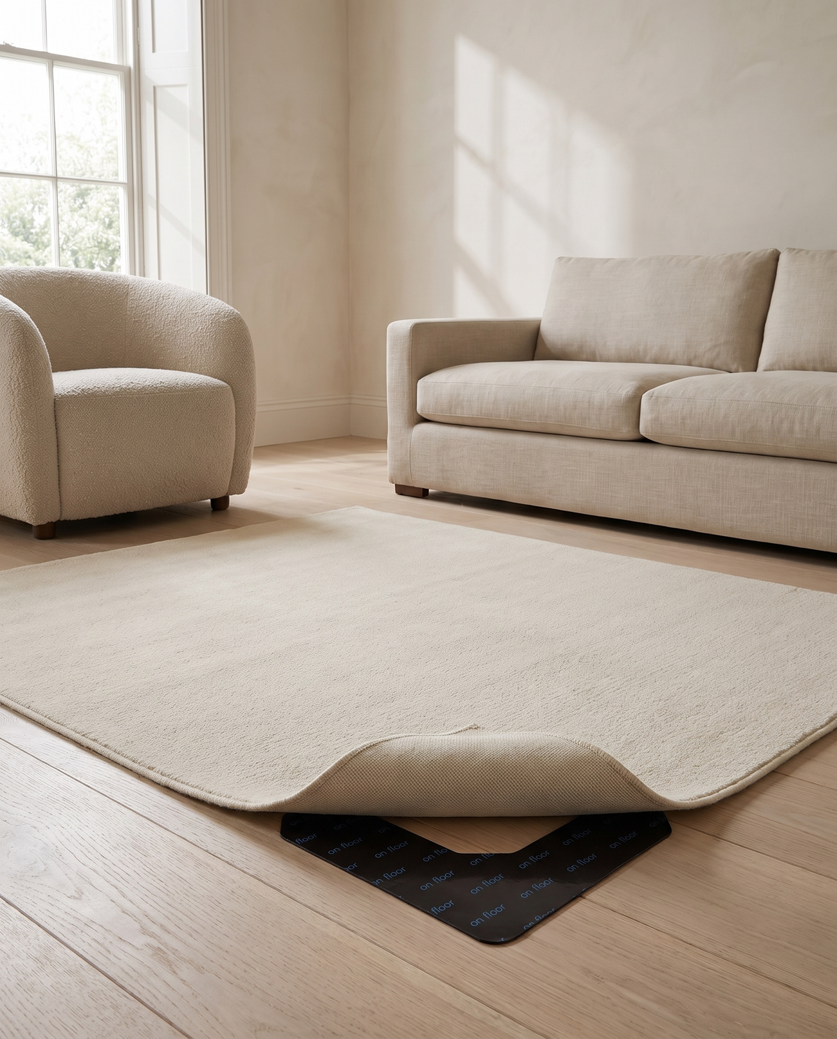 Cream rug lying flat in a neutral living room with a Gripo rug gripper at the near corner