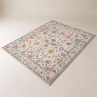 Bahia Bohemian Velvet Rug shown flat on a pale plaster floor, ivory ground with a faded pastel Persian floral repeat and a wide brick-rust bordered frame
