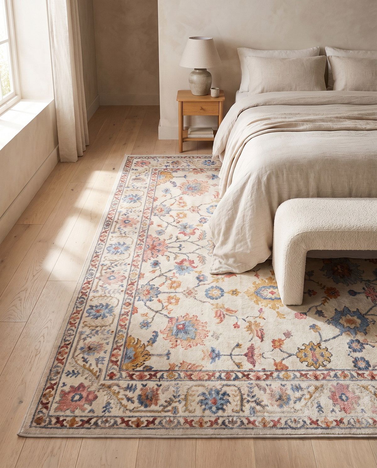 Bahia rug laid beside a linen dressed bed in a calm neutral bedroom with a boucle bench and oak bedside table
