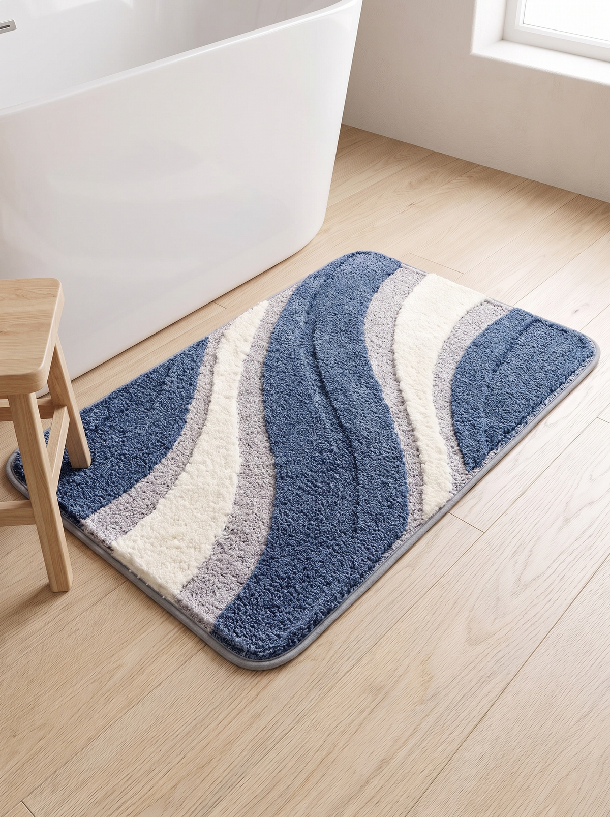 Scale reference showing the Nima bath mat on the floor alongside a freestanding bath and a small timber bathroom stool for size comparison
