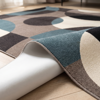 Corner of the Lindo rug turned back to show the flat bound edge and matte white PVC non-slip backing