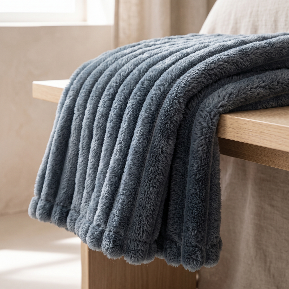 Nordo throw blanket folded over the edge of an oak bench, showing the loft and thickness of the ribs in profile and the plain finished hem