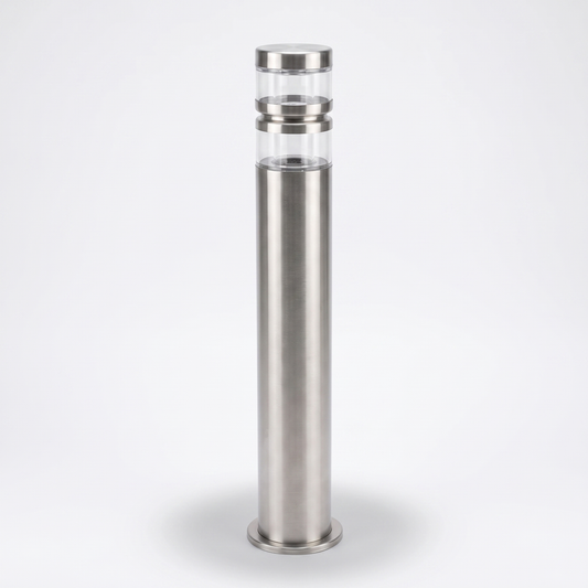 Vestro path post light in brushed stainless steel on a plain white background, 60cm column with clear banded top section