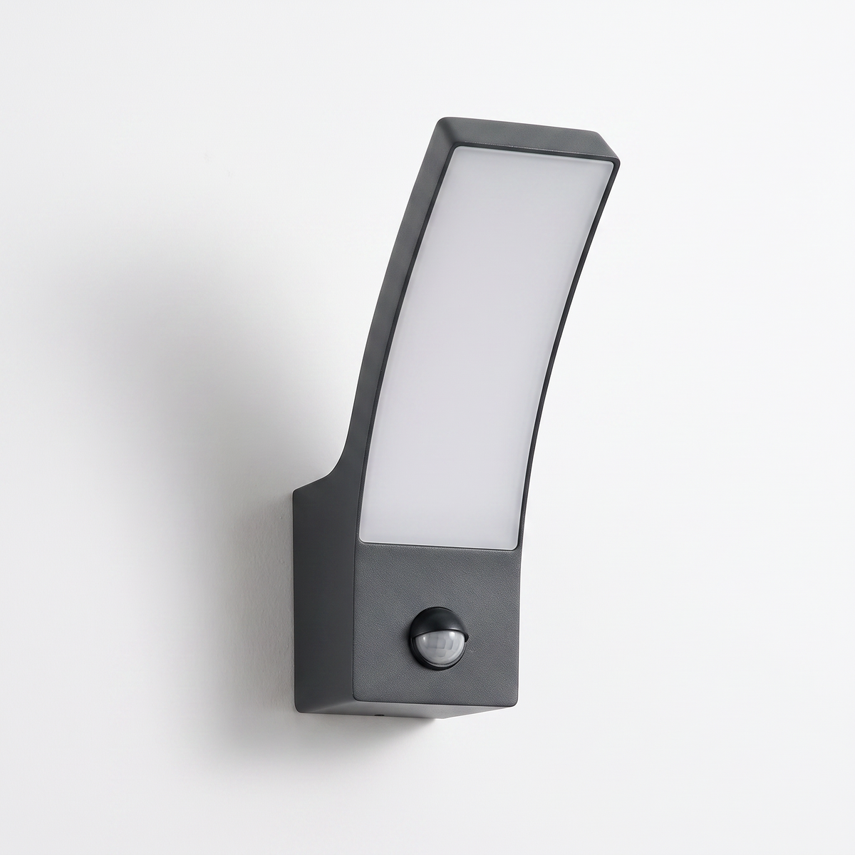 Ilvo sensor outdoor wall light in anthracite on a plain white background, forward-leaning body with white panel and motion sensor