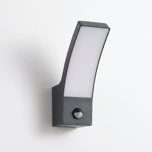 Ilvo sensor outdoor wall light in anthracite on a plain white background, forward-leaning body with white panel and motion sensor