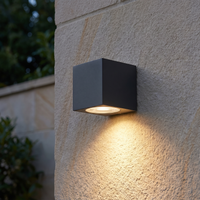 Dovra square wall light on a pale sandstone garden wall at dusk casting a single warm cone downwards