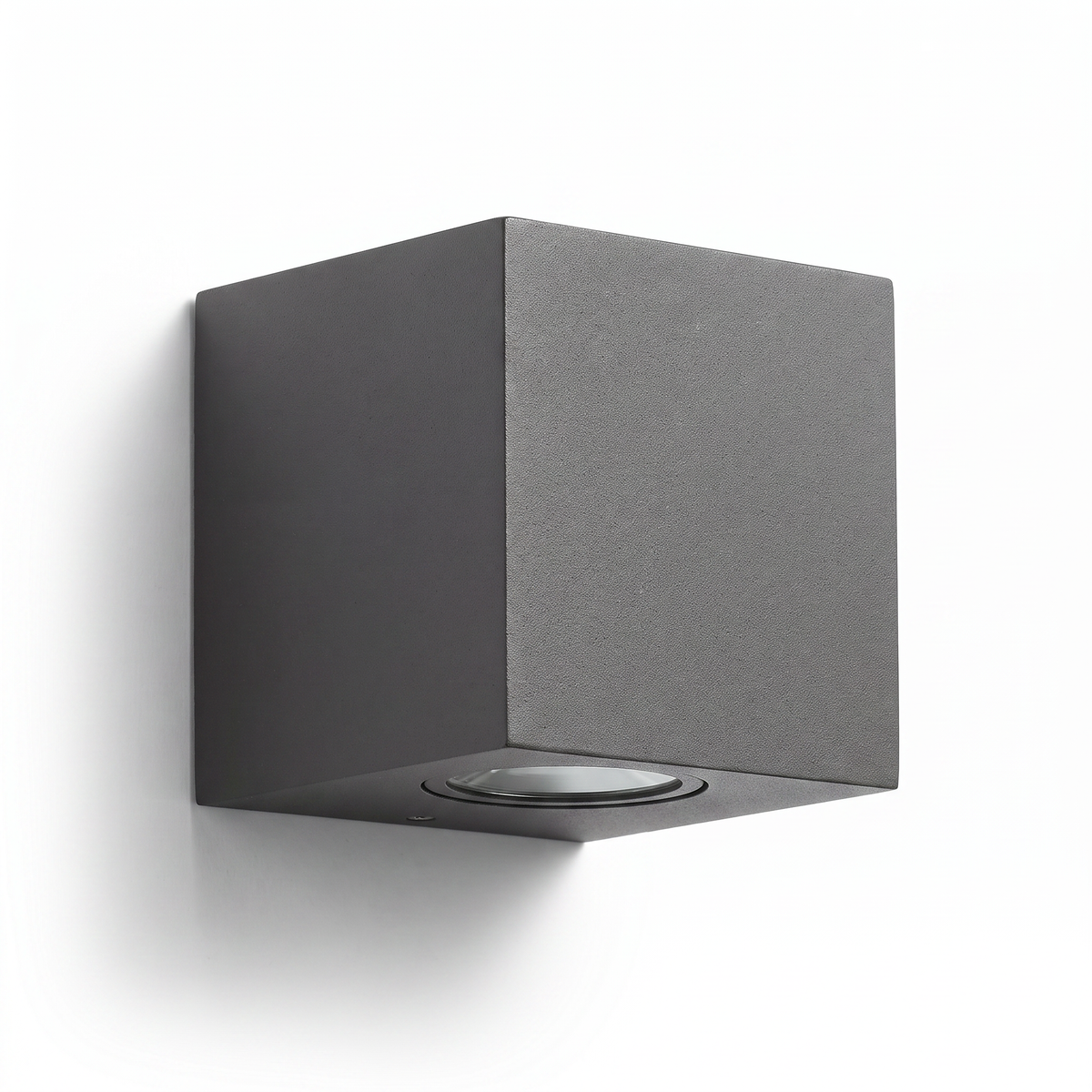 Dovra square wall light on a plain white background showing the cube form and downward glass lens