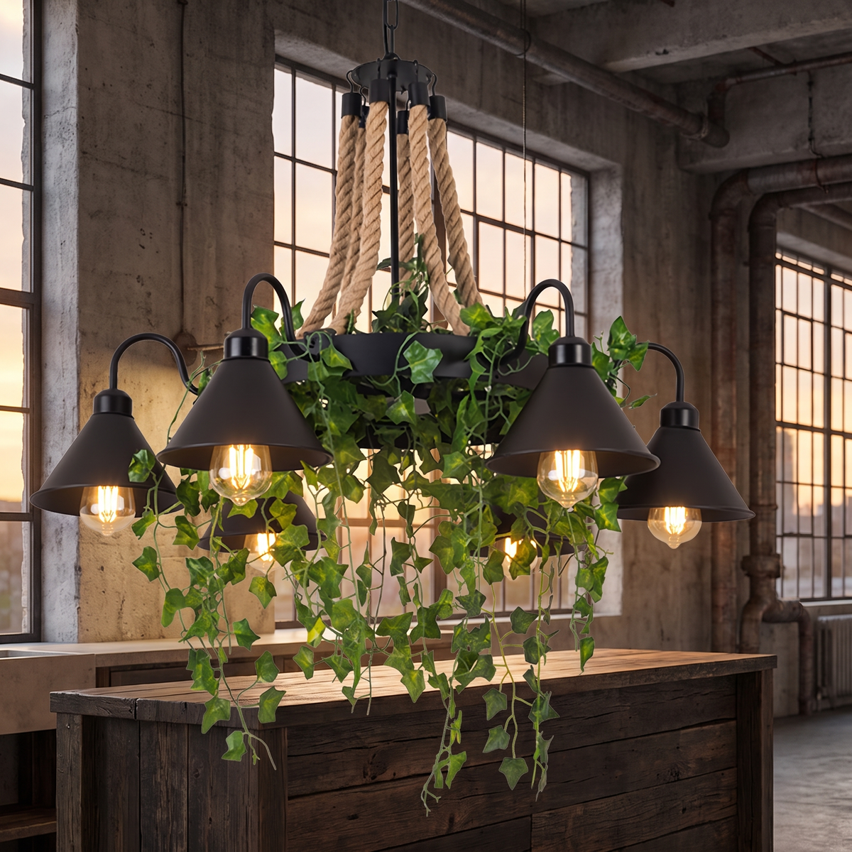 Corven six-arm ceiling light lit above a timber kitchen island in an industrial loft at dusk