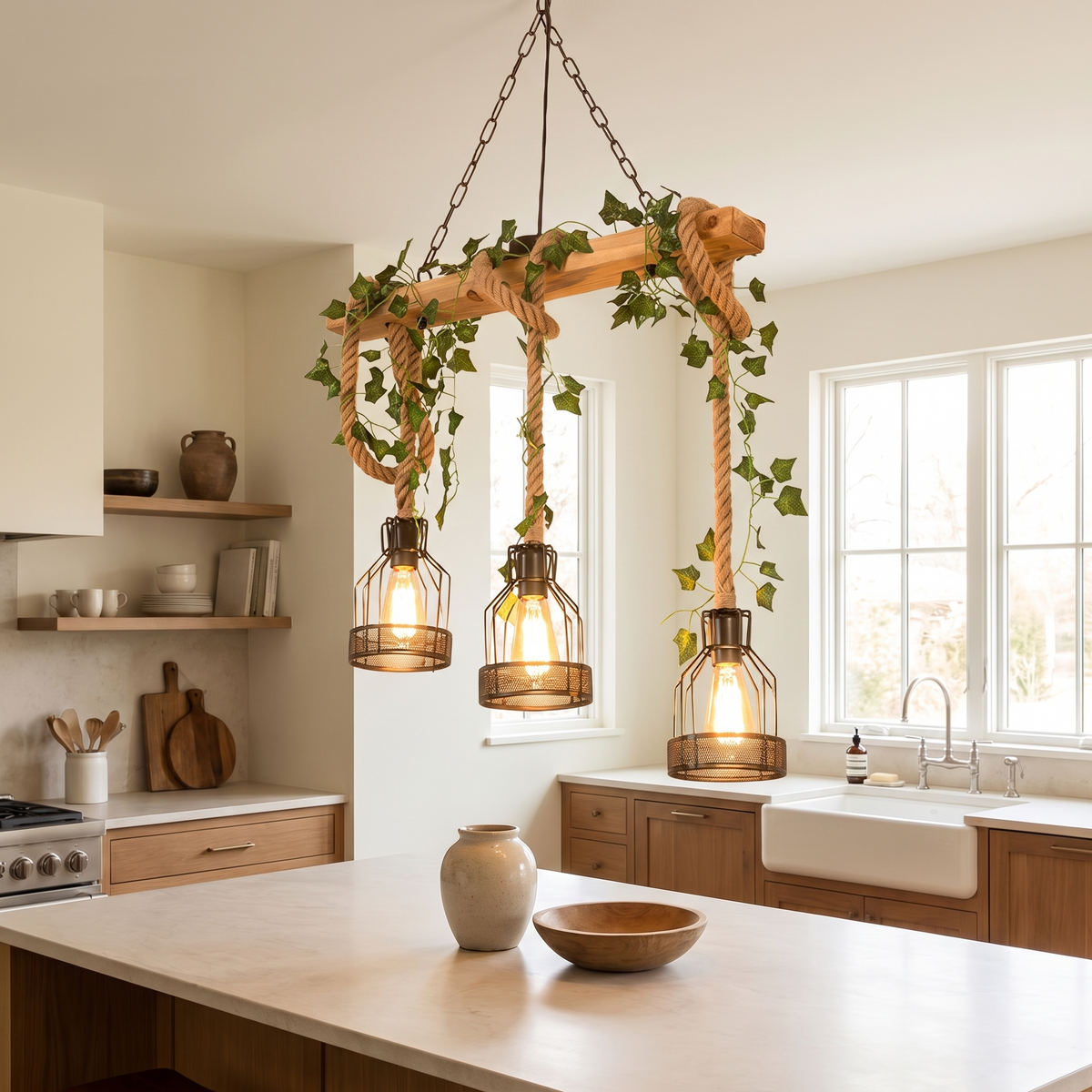 Verdow wood beam pendant light hanging over a kitchen island in daylight
