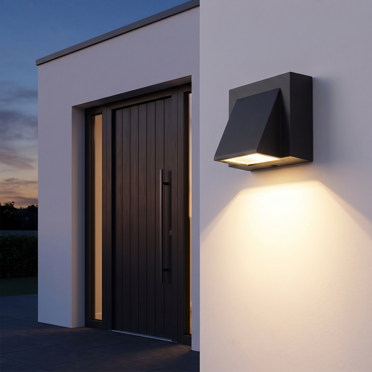 Black Vosto Slim Outdoor Wall Light mounted beside a modern front door at dusk, throwing a warm downward beam
