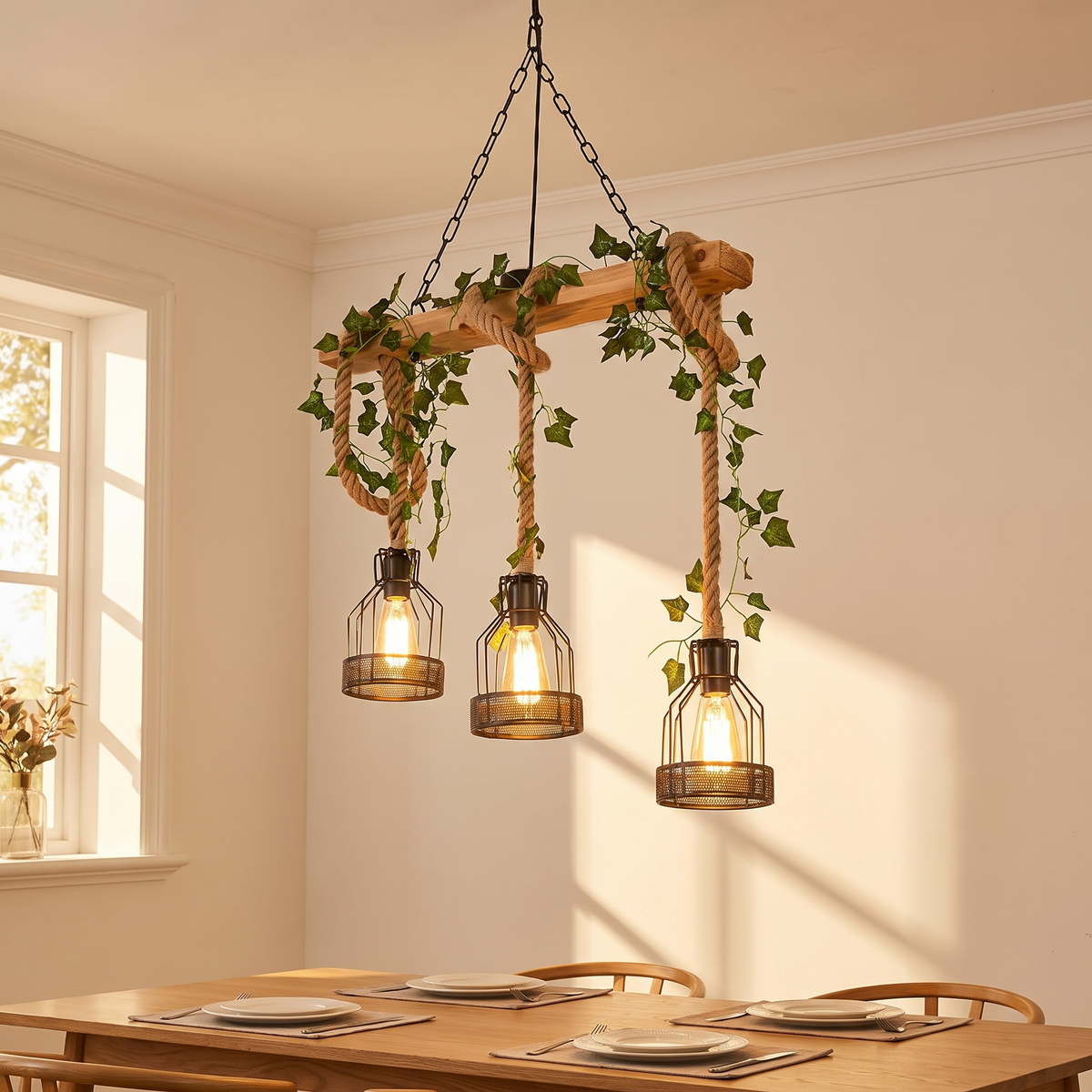 Verdow wood beam pendant light lit above a dining table in a cream painted room