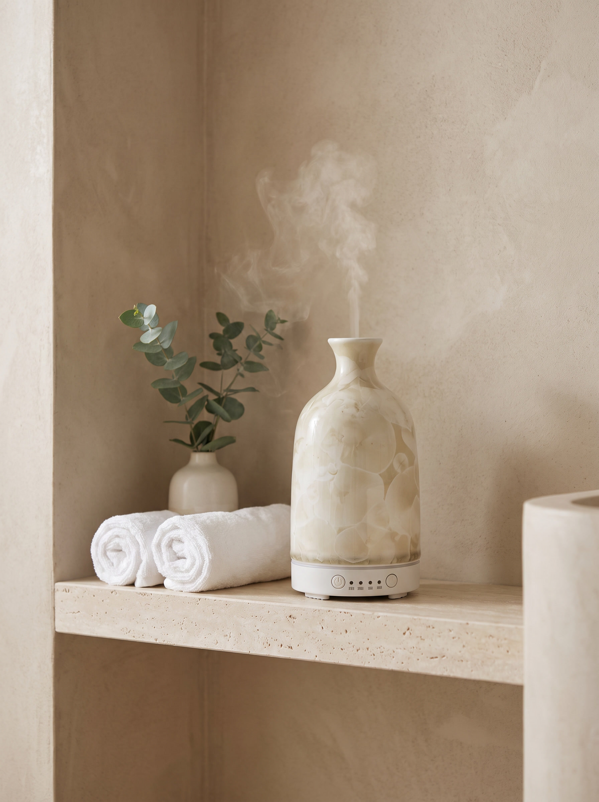 Aura Ceramic Stone Diffuser in Crystal Cream on a travertine bathroom shelf