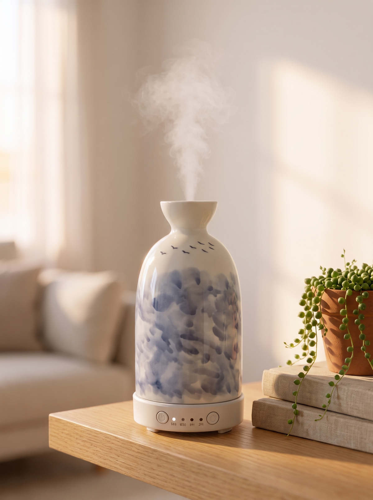 Aura Ceramic Stone Diffuser in Blue Watercolour on a living-room shelf