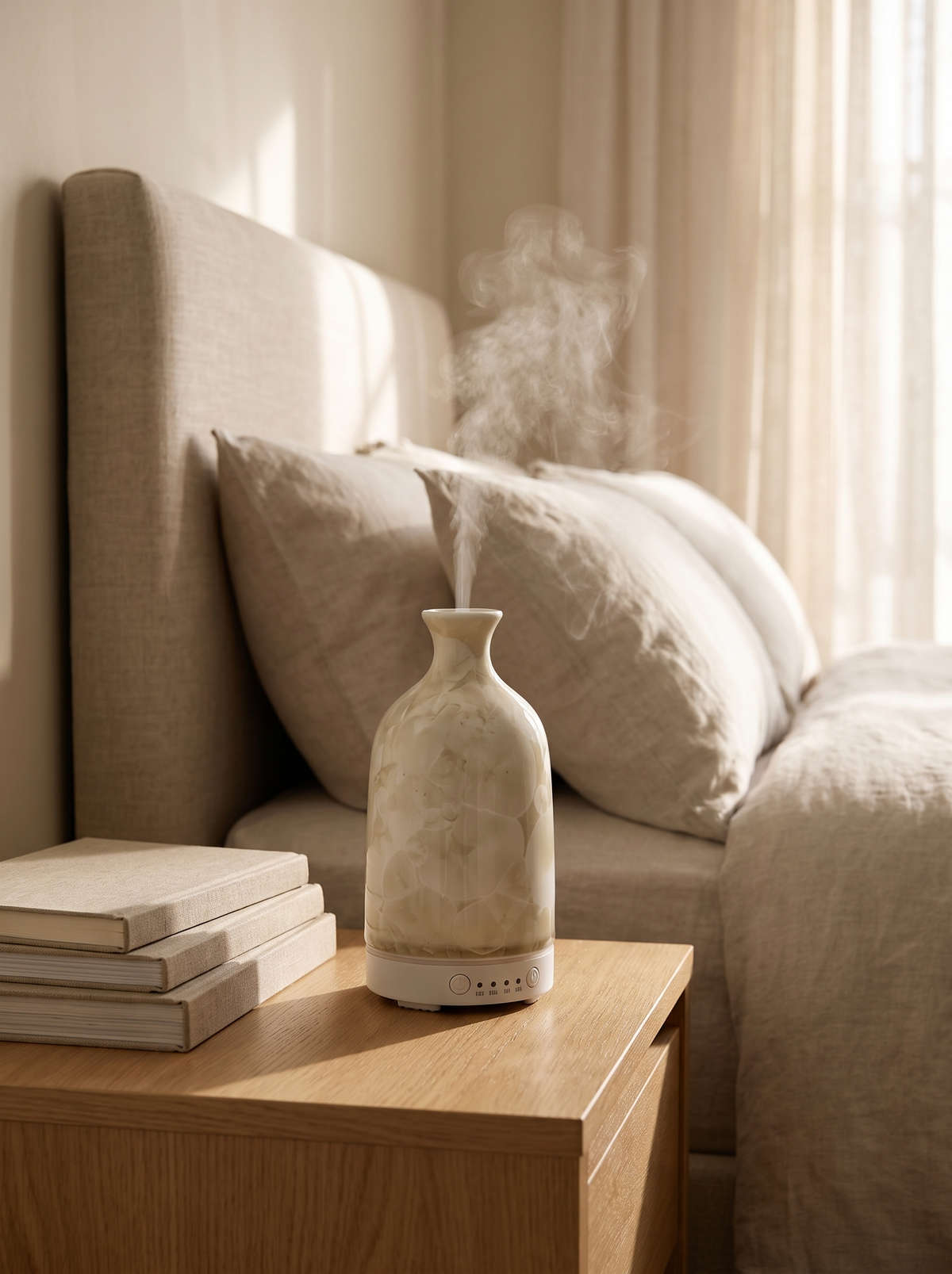 Aura Ceramic Stone Diffuser in Crystal Cream on an oak bedside table