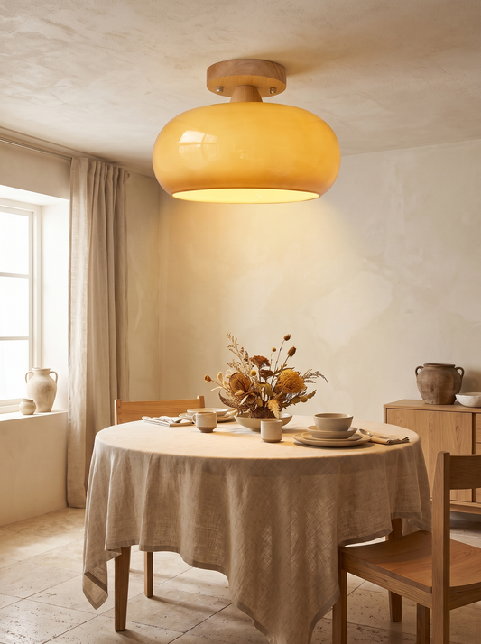 Charo Wood Cap Amber Glass Ceiling Light