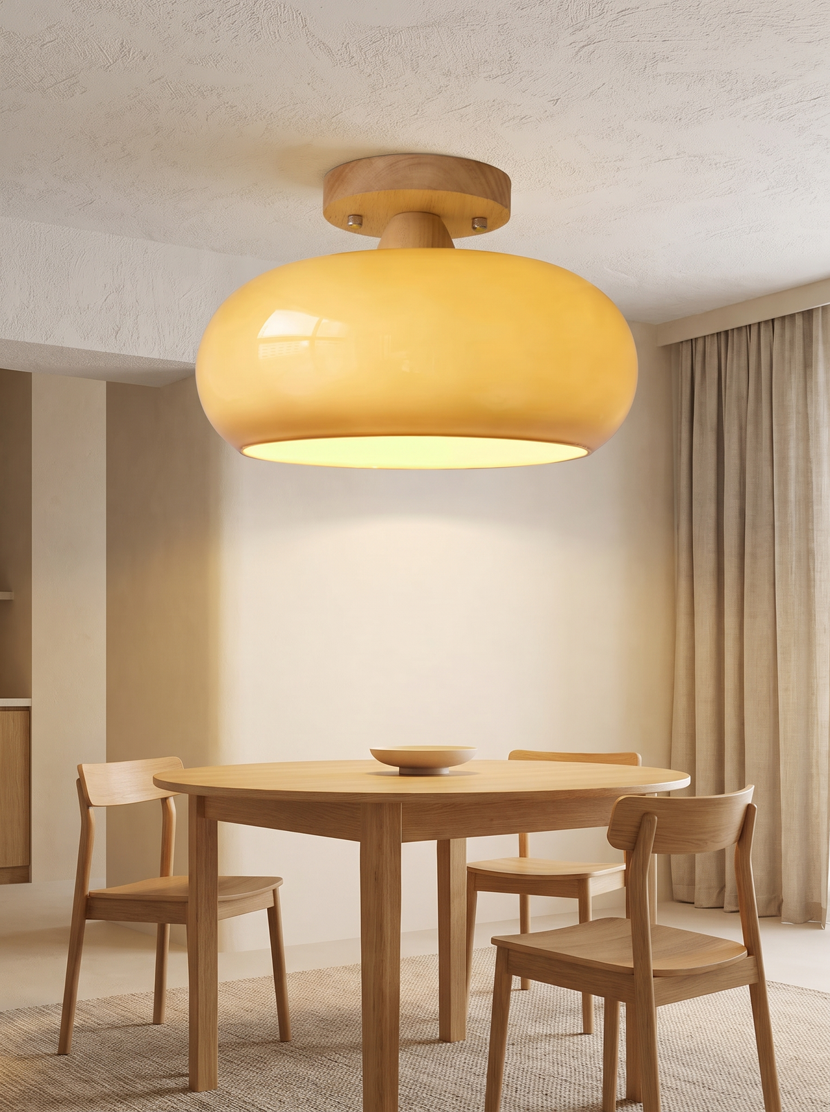 Charo Wood Cap Glass Ceiling Light - scale context above round oak dining table with chairs