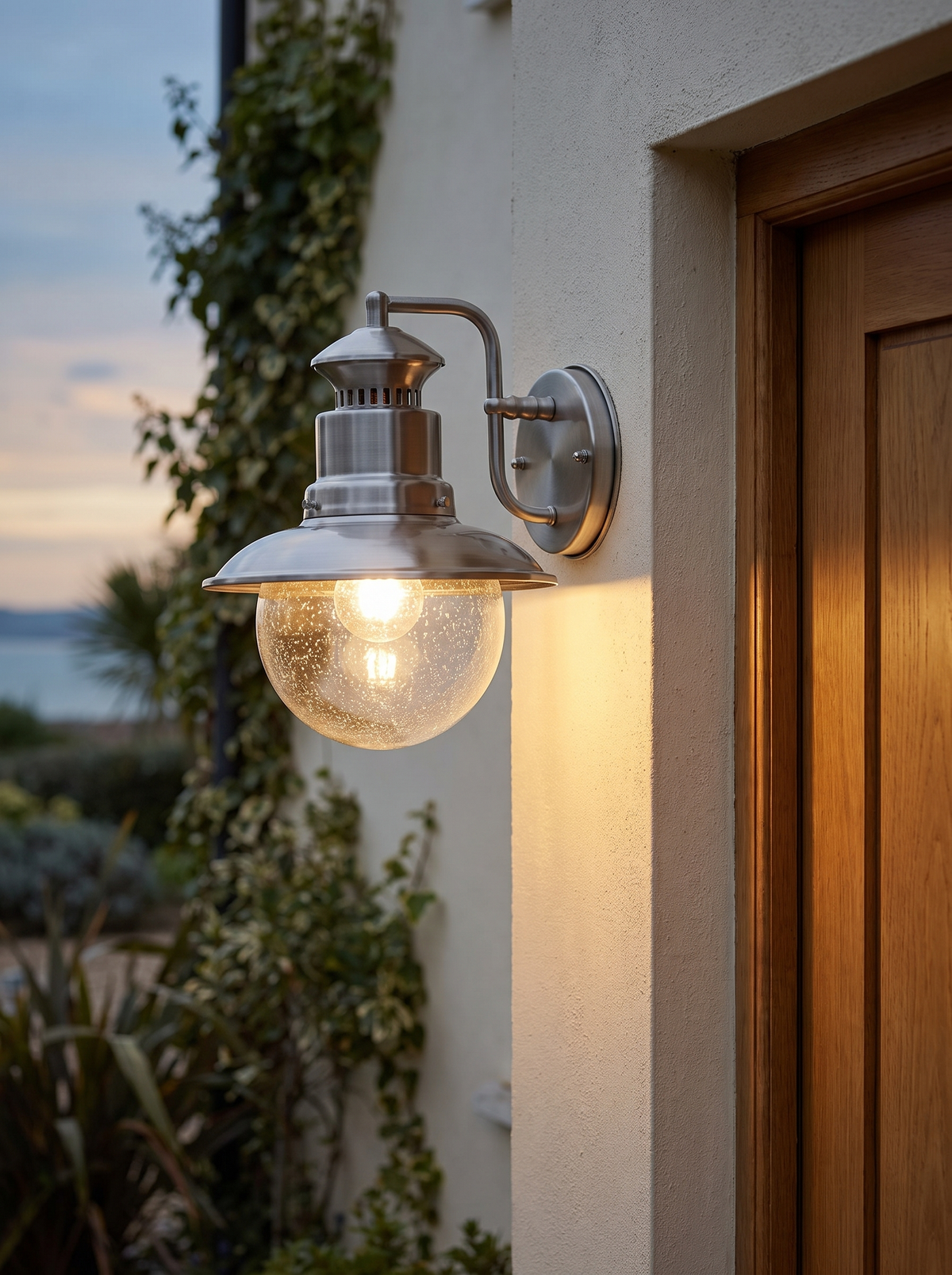 Gwena Outdoor Wall Light - lifestyle beside front door at dusk, glowing warm amber