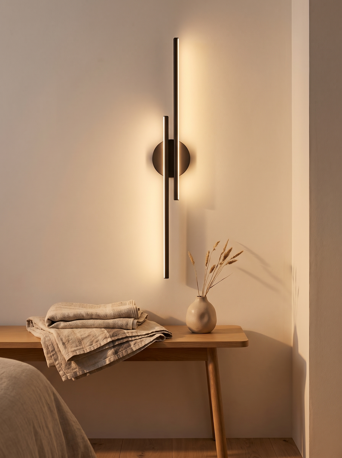 Eldra Disc Wall Light glowing warm 2700K above a linen-dressed oak bedside table, cream plaster wall