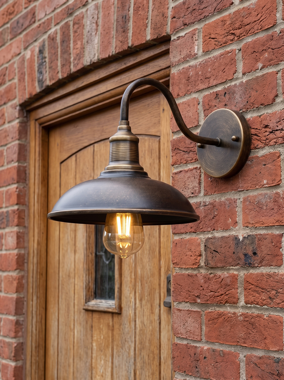 Bolva Bowl Outdoor Wall Light - scale shot beside wooden front door on red brick facade