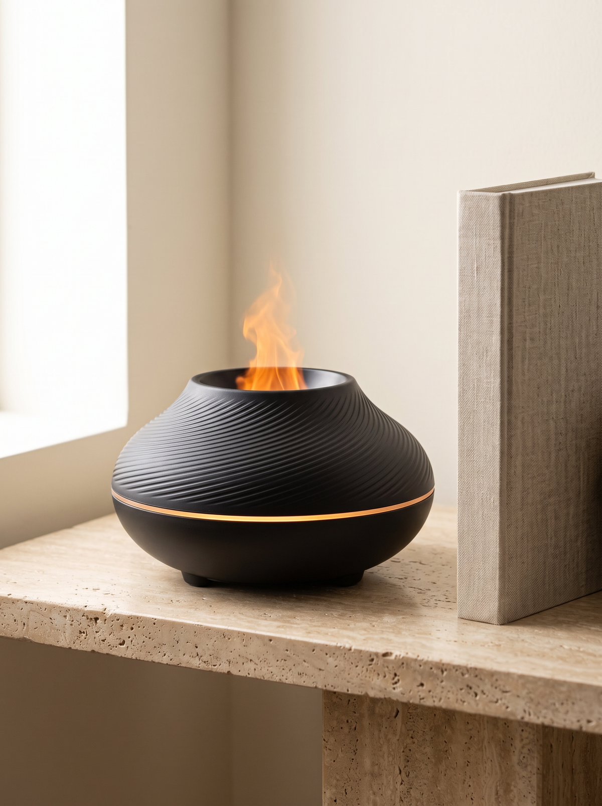 Volcano Flame Diffuser - scale shot beside hardback book on travertine shelf