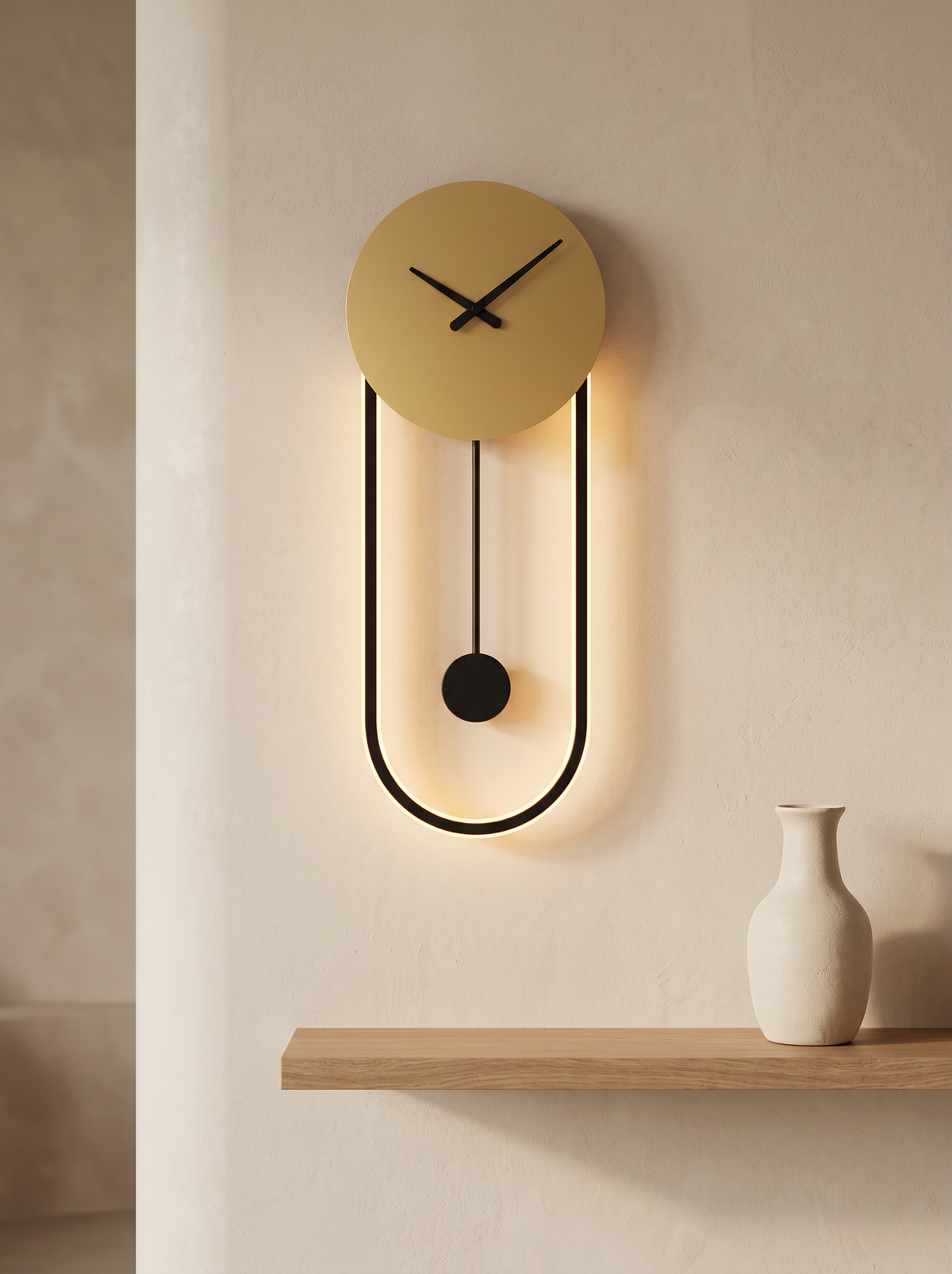 Kalve Clock Wall Light - glowing warm amber in cream UK interior beside oak shelf and ceramic vase