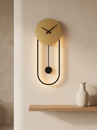 Kalve Clock Wall Light - glowing warm amber in cream UK interior beside oak shelf and ceramic vase