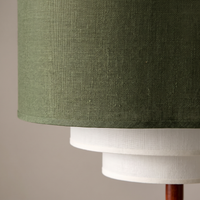 Verda Fabric Drum Pendant Light - close-up of deep olive-green linen fabric texture and stepped white diffuser edge