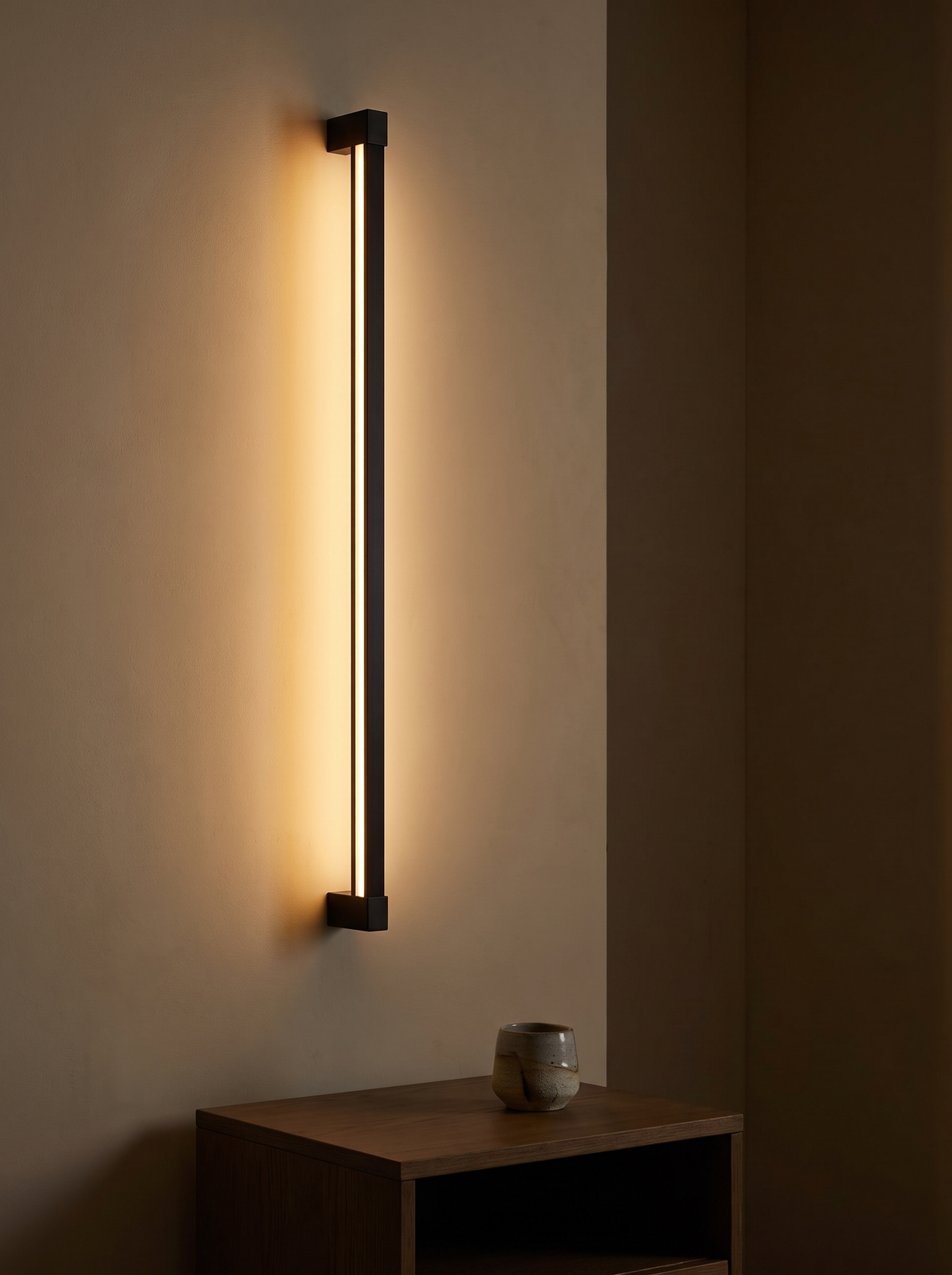 Granto Linear Wall Light - warm amber lifestyle above oak bedside table