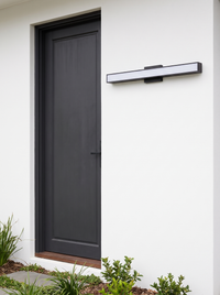 Sela Linear Outdoor Wall Light - scale reference beside charcoal front door