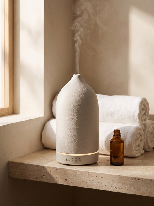 Opal Stone Diffuser - stone-grey diffuser on travertine bathroom shelf with rolled towels and amber oil bottle, mist rising