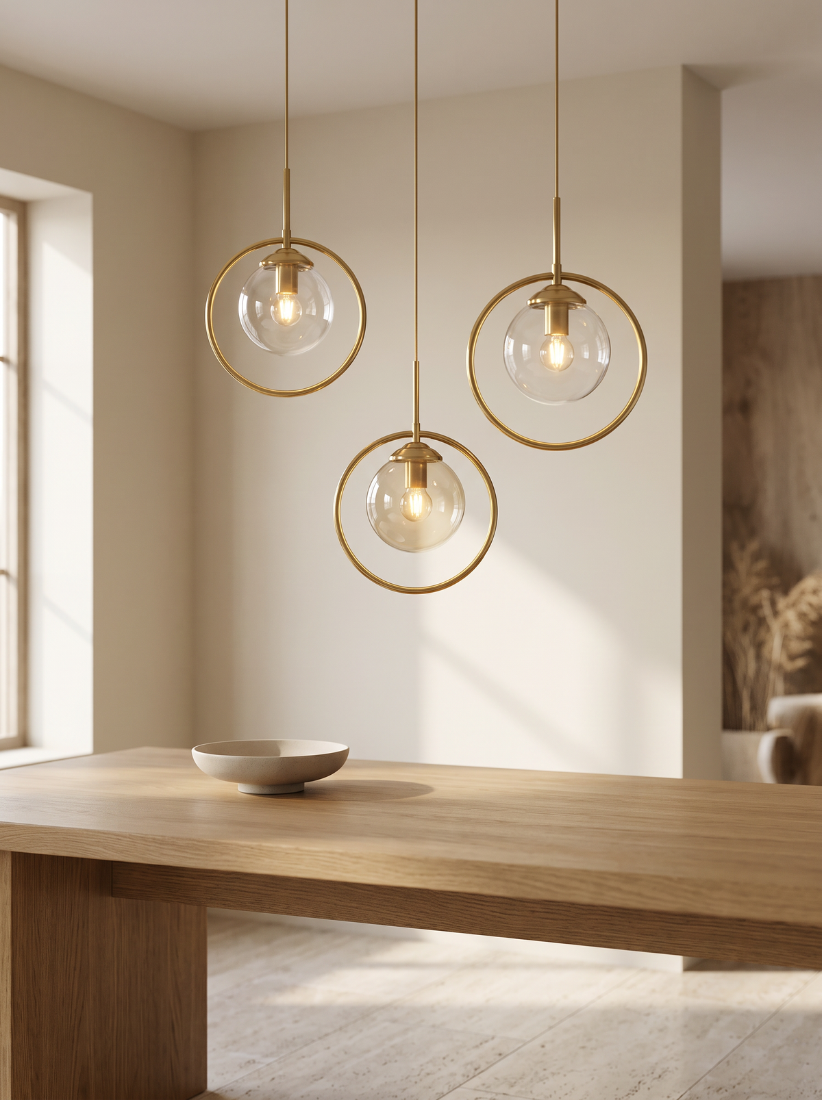 Orbia Ringed Glass Pendant Light - three pendants at scale over oak dining table, cream interior