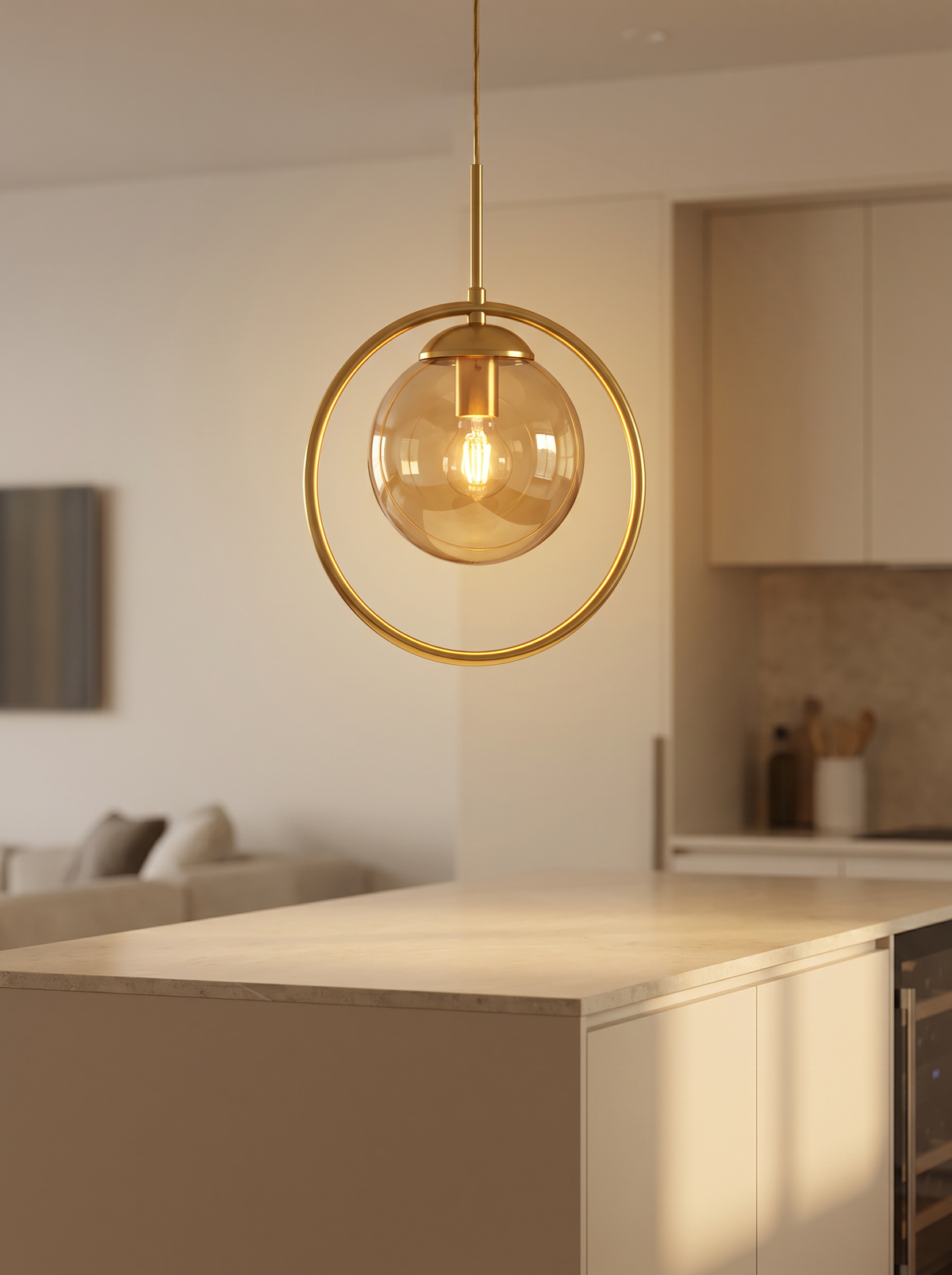 Orbia Ringed Glass Pendant Light - single pendant glowing warm over kitchen island, lifestyle