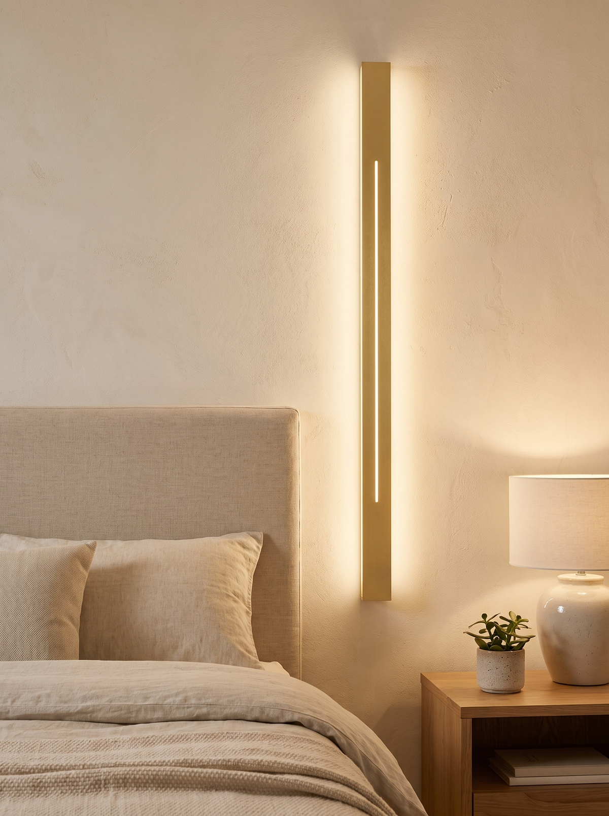 Azino Slim LED Wall Light - scale shot mounted beside linen bed headboard showing full 60cm length in bedroom context