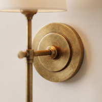 Thedo Brass Fabric Wall Light - macro close-up of antique brass backplate and stem collar detail