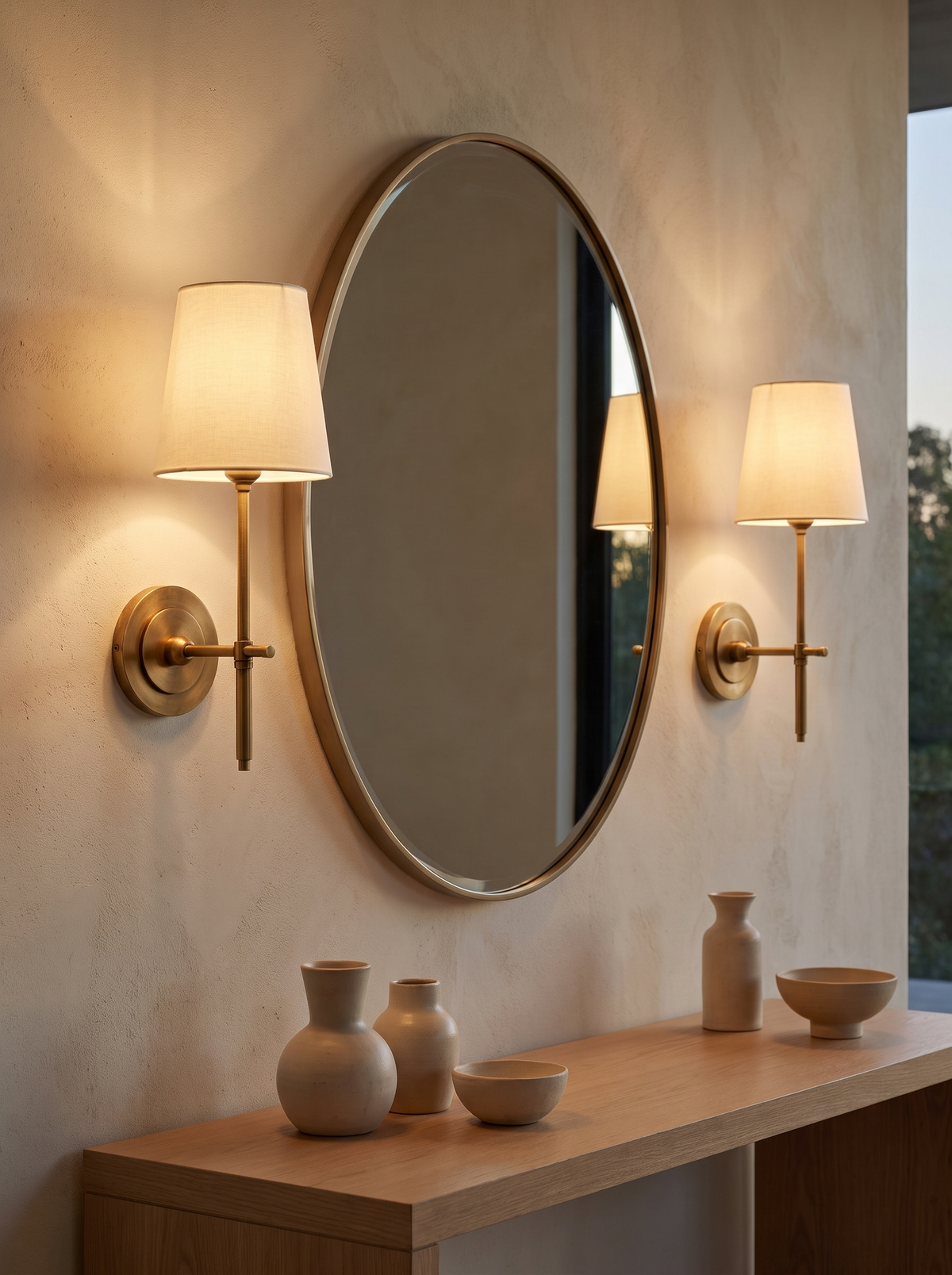 Thedo Brass Fabric Wall Light - pair flanking oval mirror above oak console, warm dusk glow