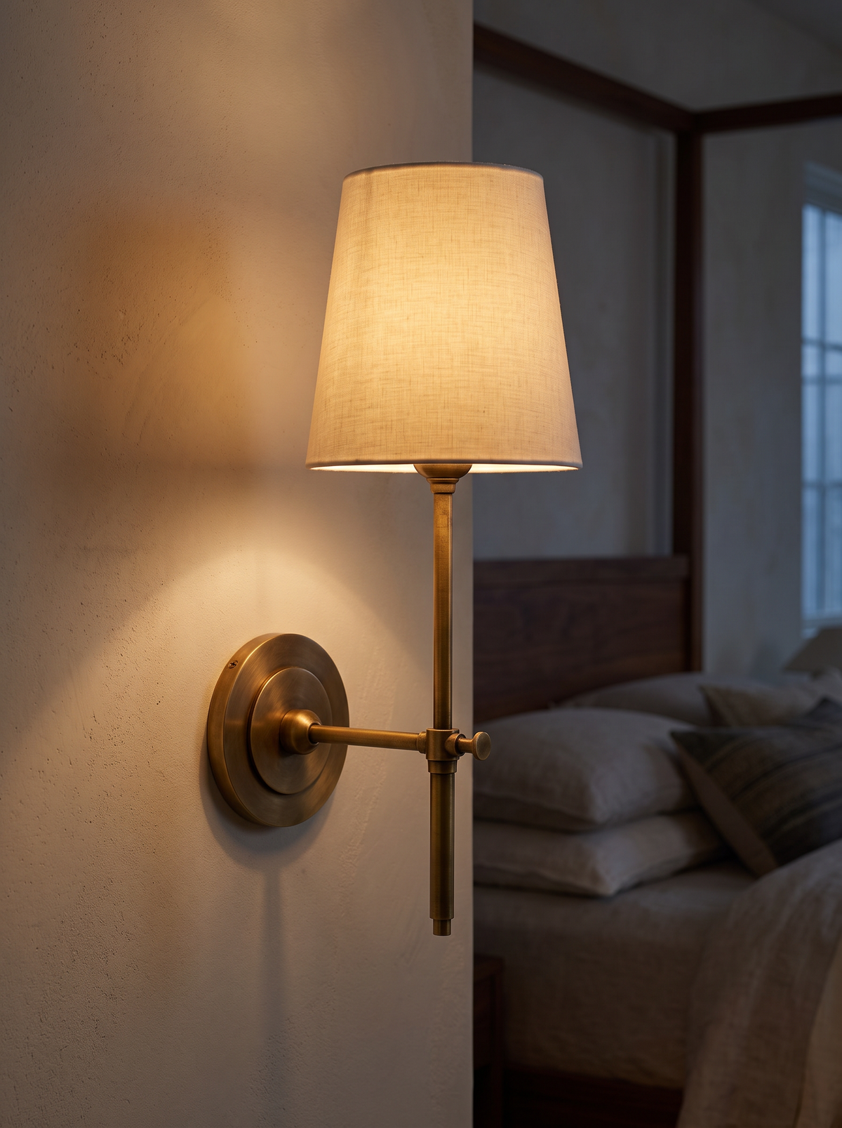 Thedo Brass Fabric Wall Light - illuminated warm 2700K glow in evening bedroom setting