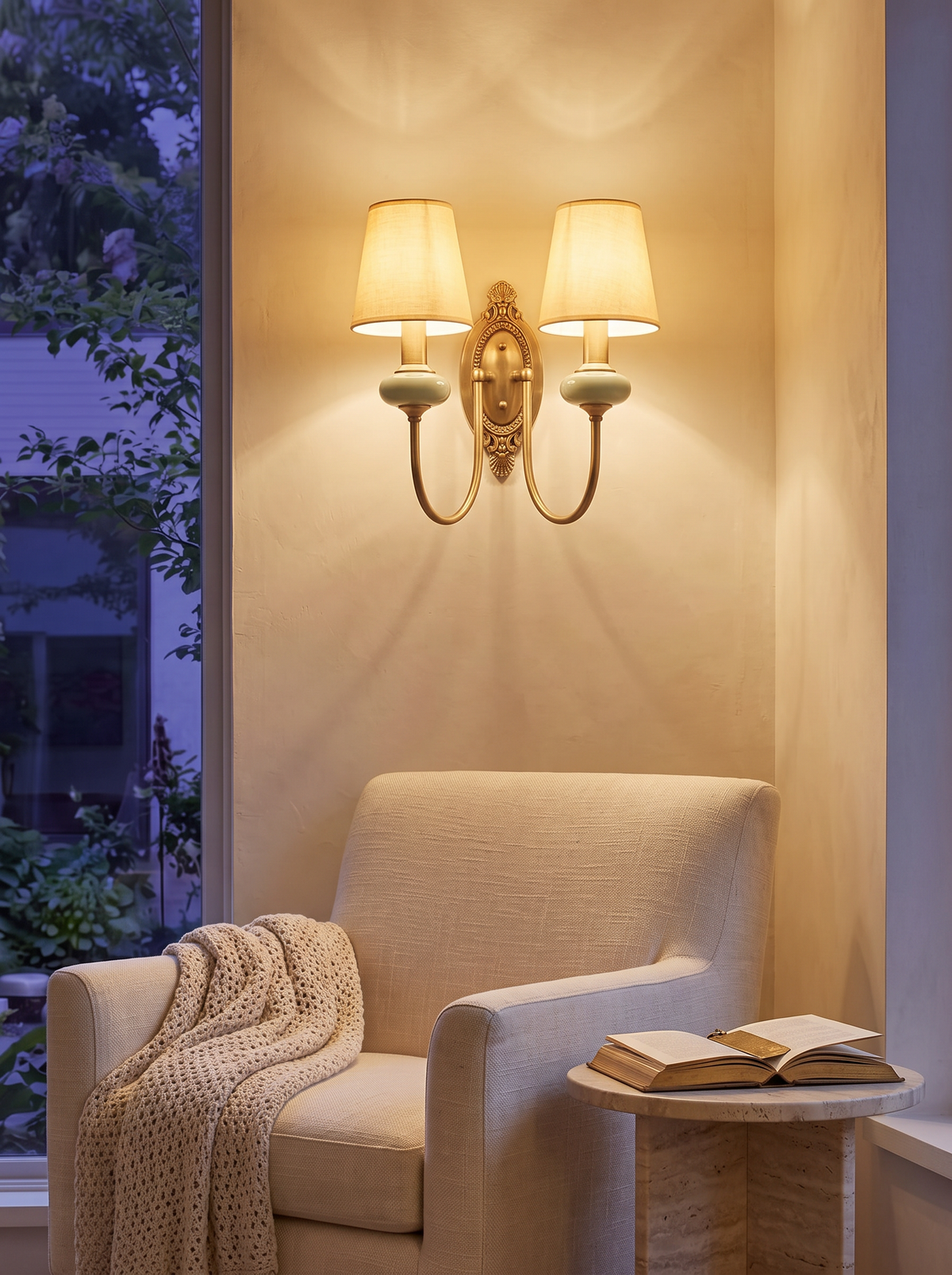 Orla Twin Fabric Shade Wall Light - warm amber glow at dusk above linen armchair and travertine side table