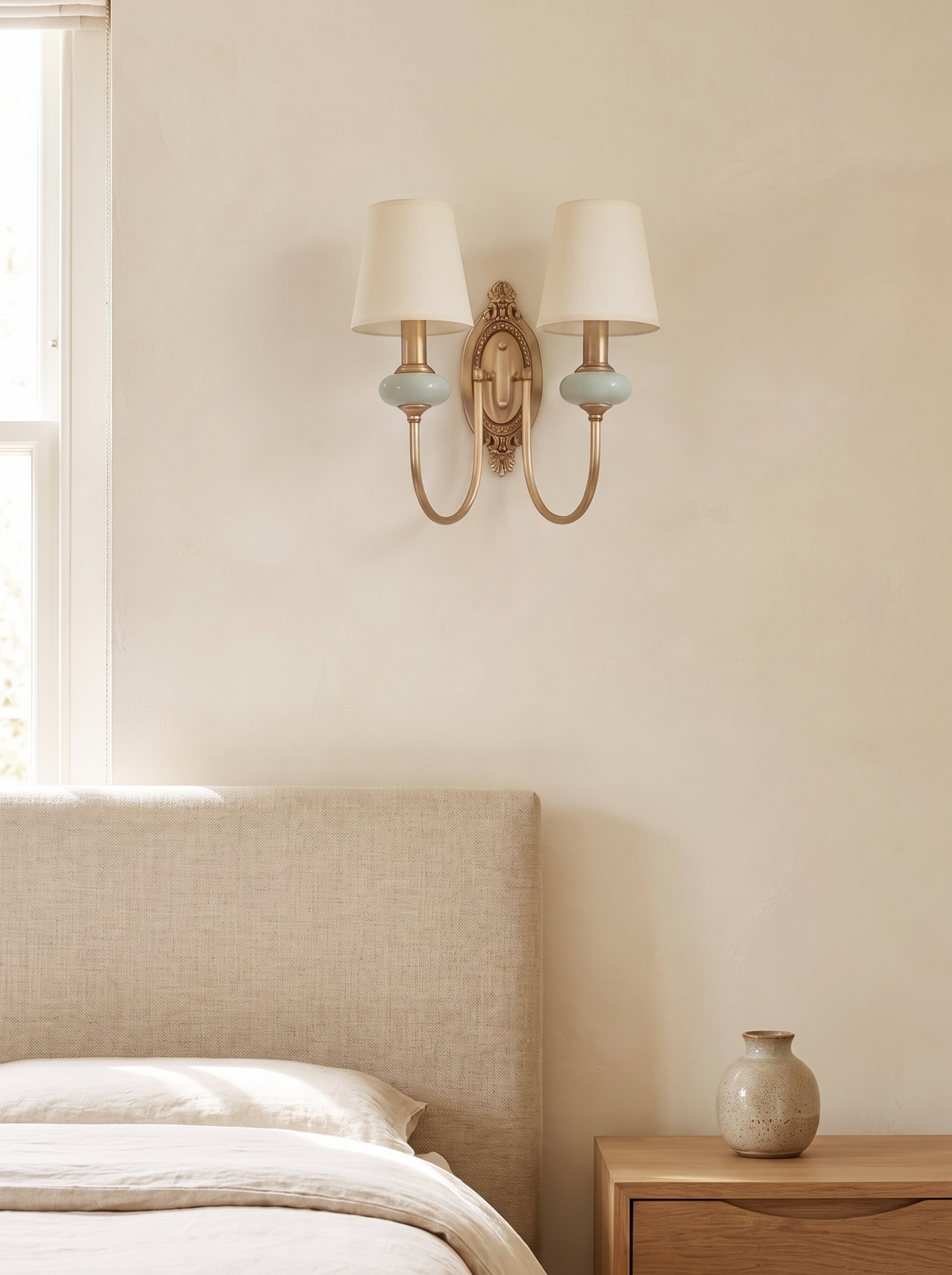 Orla Twin Fabric Shade Wall Light - scale context mounted above linen bed headboard in quiet luxury bedroom