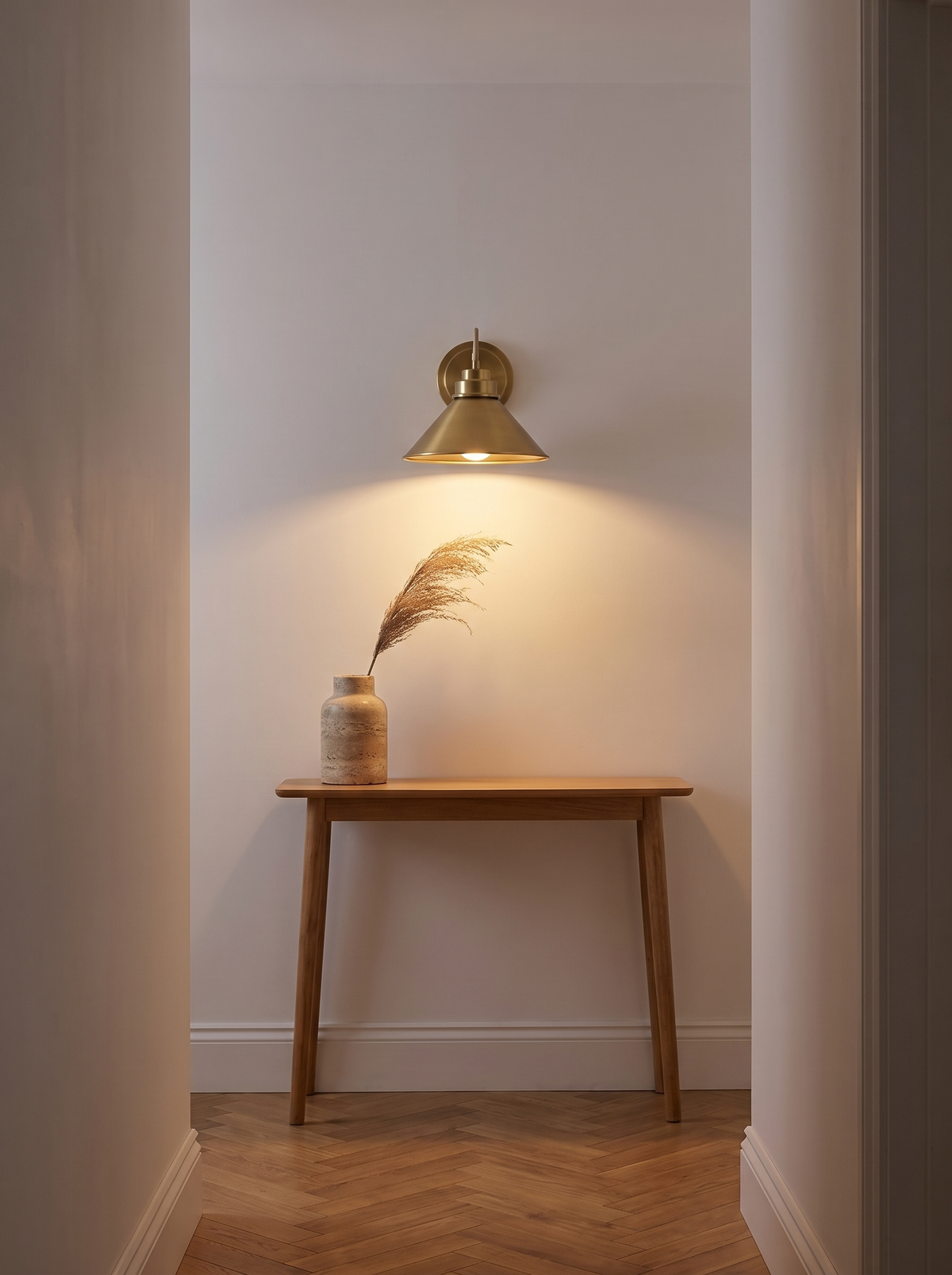 Arvo Bronze Cone Wall Light - warm glowing lifestyle in hallway with herringbone floor and console table