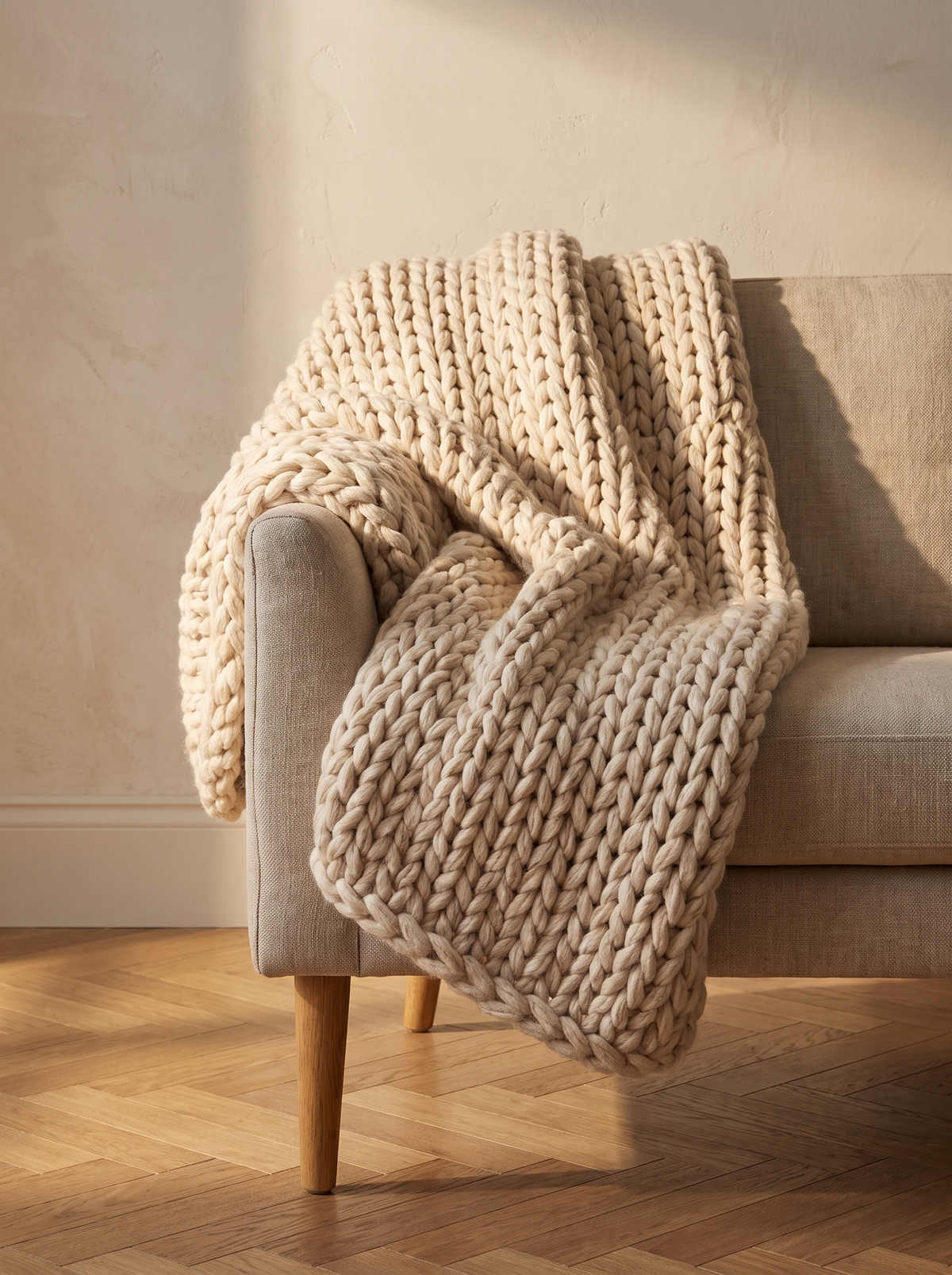 Cloud Chunky Knit Throw - draped over sofa arm in warm afternoon light with herringbone oak floor