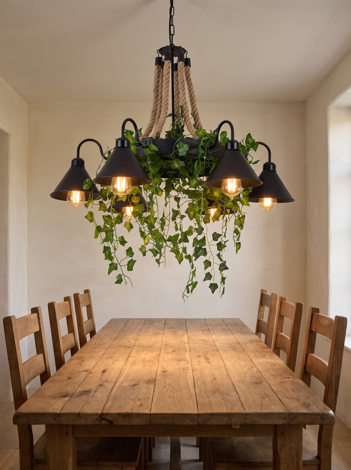 Corven Six-Arm Ceiling Light - scale reference above reclaimed oak dining table, warm Edison glow, cream plaster room